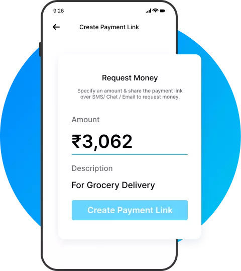 Phone showing Paytm dashboard payment-link screen